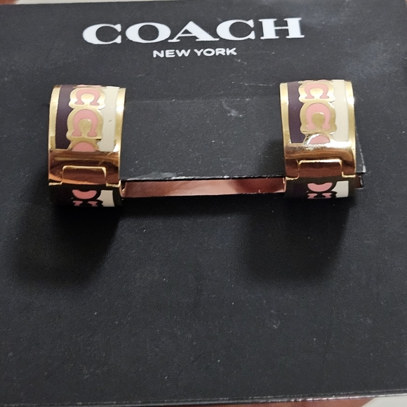 COACH NEW YORK GOLD ENAMEL PURPLE & PINK ENAMEL HOOP EARRINGS $85 - Picture 5 of 12